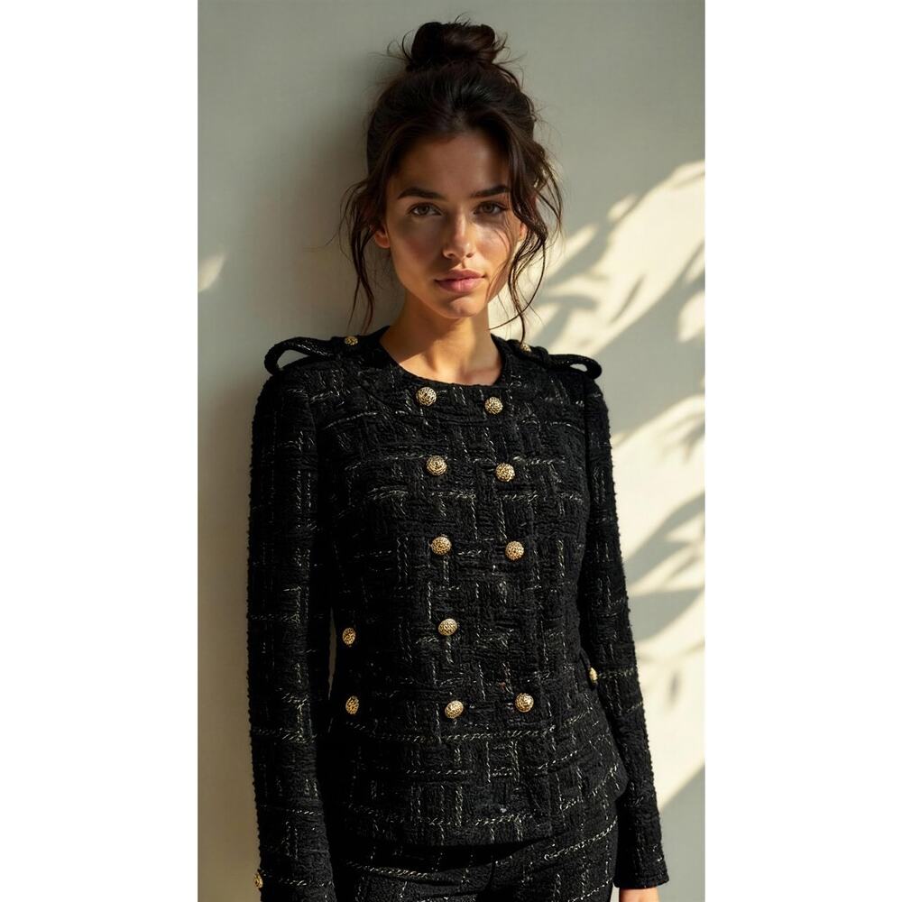 Milly of New York Women's Black Tweed Double-Breasted Jacket Size 2